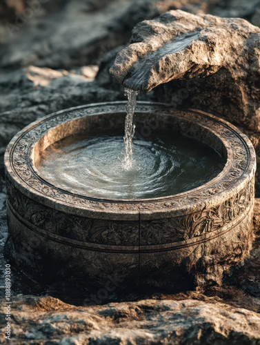 Antique stone water basin with intricate carvings gently filled by a natural rock spout creating soothing ripples in a tranquil outdoor setting