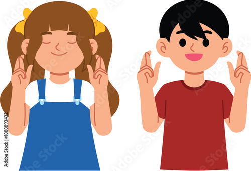 set of young boy and girl making finger crossed for lucky, cute children make a wish, student character hope for  luck illustration