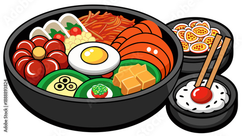Korean Bibimbap Bowl Illustration with Side Dishes