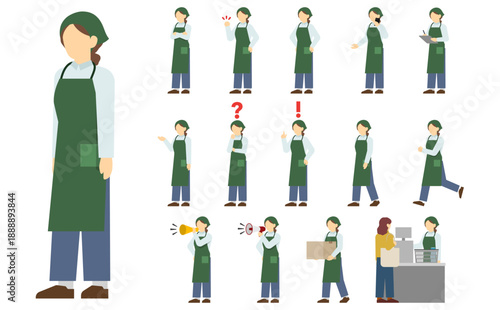 フラットイラスト：緑のエプロンを着たスーパー店員セット