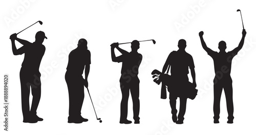 Five golf players silhouettes showing different stages of playing and celebrating on white, vector illustration ideal for sports concepts and design projects.