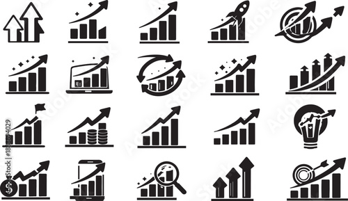 Growth icon set. Containing arrow up, growing graph, business chart icons. Vector illustration