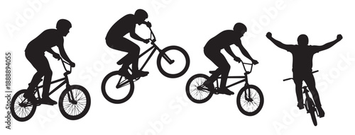 A collection of black silhouettes showcasing BMX riders performing various jumps, tricks and showing victory, on their bicycles against a white backdrop.