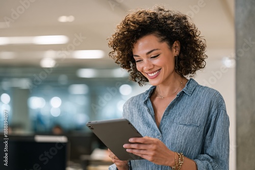 Smiling professional woman using tablet in modern office with blurred background, diverse team concept