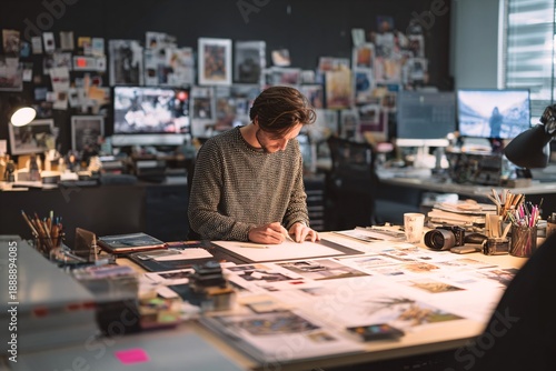 Creative professional working at desk in modern office, focused on design project