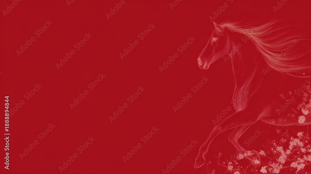 Fototapeta premium Elegant red New Year banner, linear art depiction of a horse, celebrating the Year of the Horse