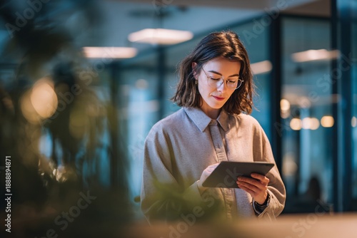 Young Woman Working on Tablet in Modern Office, Focused Business Professional