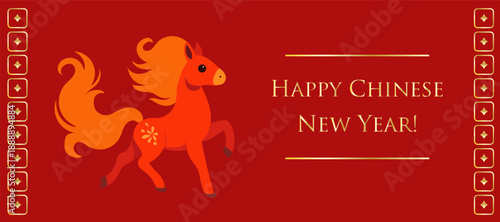 Lunar New Horse Year Symbol. Cartoon Red Horse Animal. Chinese New 2026 Year Zodiac Calendar Horse Symbol. Vibrant Colorful greeting Card or Invitation Art