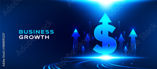 Business growth concept with rising dollar symbol arrow, financial success and profit increase background. Modern blue gradient vector illustration for finance, investment