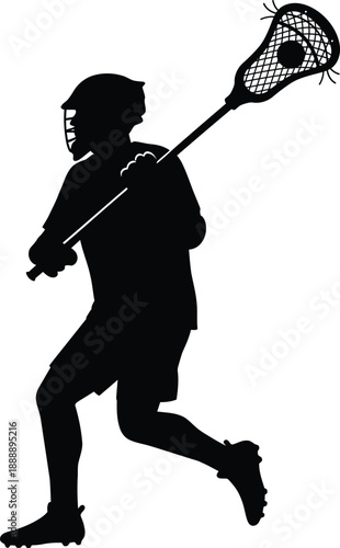 Lacrosse Player Silhouette Running with Stick and Ball, Black Sports Action