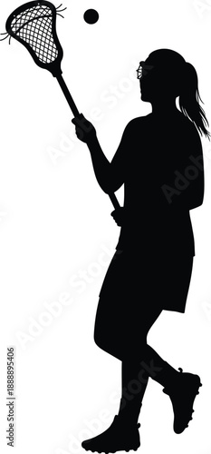 Female Lacrosse Player Silhouette Catching Ball with Stick, Black Sports Figure