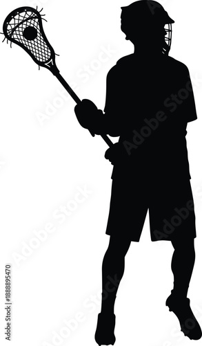 Lacrosse Player Silhouette Holding Ball and Stick, Black Sports Figure