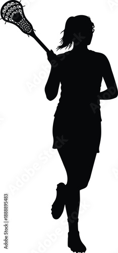 Female Lacrosse Player Silhouette Running with Stick, Black Sports Figure