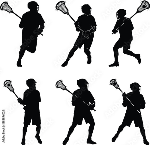 Lacrosse Player Action Silhouettes Set, Black Sports Figures Collection