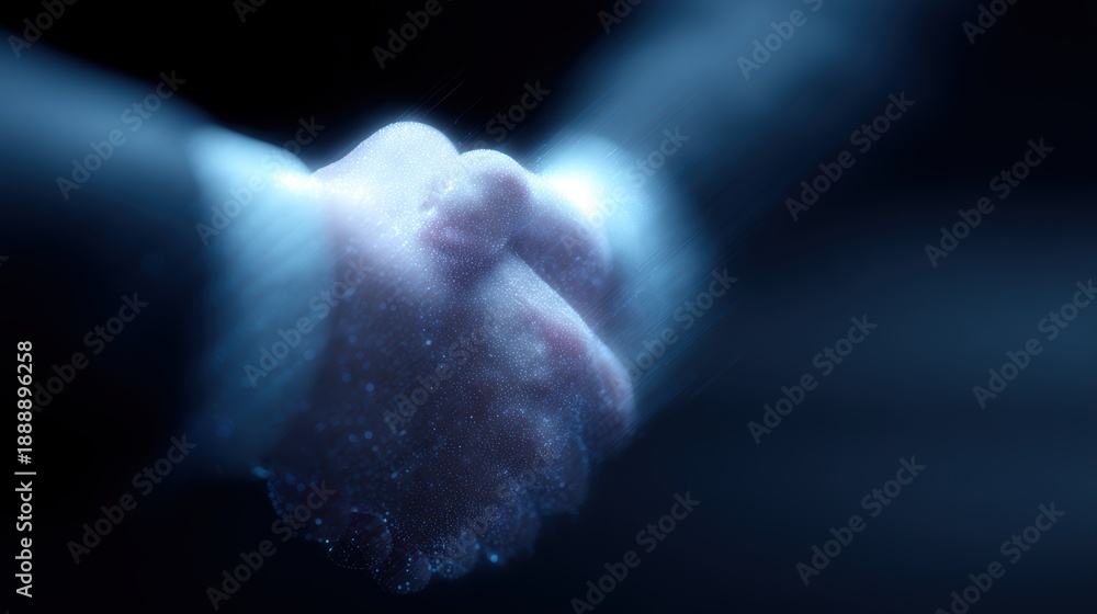 Obraz premium AI-human partnership visualization: digital handshake, holographic effects, futuristic corporate technology concept