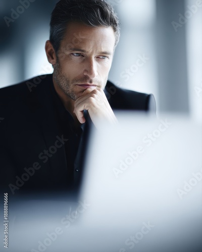 Business man working on laptop in office thinking planning problem solving focused decision making professional lifestyle