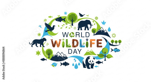 World wildlife day logo with animals and eco friendly design elements on white background