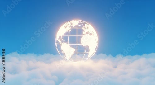 Digital Globe in Cloudy Sky with Bright Glow Futuristic Atmosphere