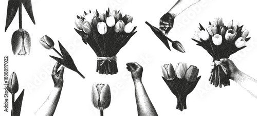 Retro elements with a photocopy effect hands holding bouquets of tulips. Vector illustration in a grayscale dot design of punk.