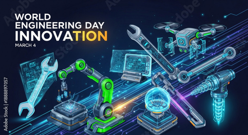 Innovative engineering tools and gadgets for world engineering day celebrating technology and innovation with robotic arms wrenches and digital devices on a futuristic background