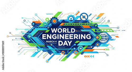 World engineering day graphic design with gears and circuit boards on blue background celebrating march 4th