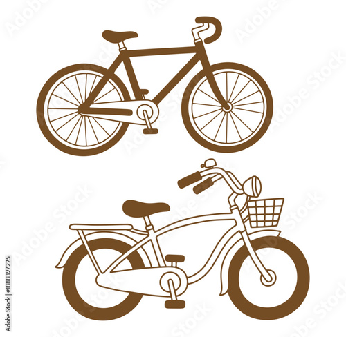 Two bicycles, a road bike and a cruiser bike Keywords: bicycle, bike, road bike, cruiser bike