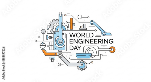World engineering day celebration with mechanical tools and gears in blue orange and black on white background