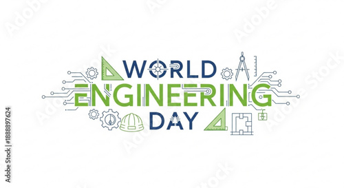 World engineering day logo with industrial icons and gears on white background celebrating innovation and technology