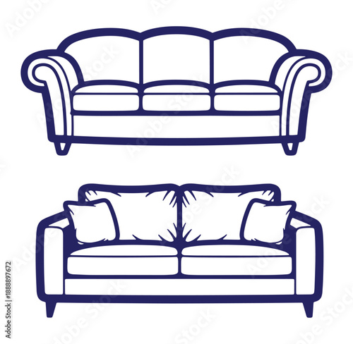 Two Blue Outline Sofas On White Background couch furniture