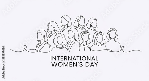 International women's day illustration with diverse group of women in minimalist line art style on white background