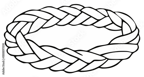 Hand drawn outline illustration of a braided rope wreath circle in black and white