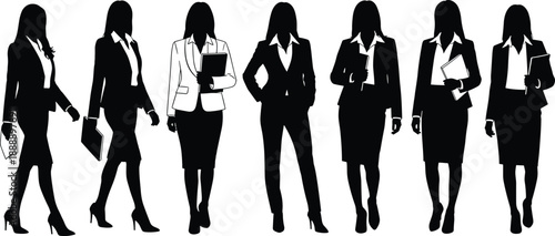 Black and White Silhouette Vector Set of Businesswomen in Professional Suits Posing in a Row on White Background