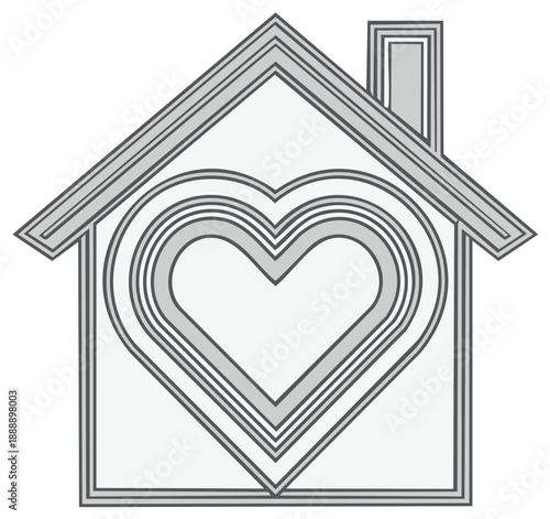 Graphic line art illustration of a house with a heart symbol for home, love, and family