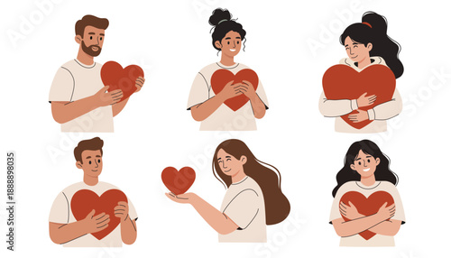 People Holding Heart Shape, Love and Care Concept Flat Vector Set. Concept of love, relationships, mental health, charity, self love, emotions and positive feelings.