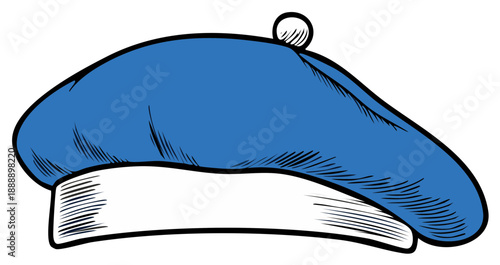Blue beret hat illustration, French style, white brim and pom pom detail