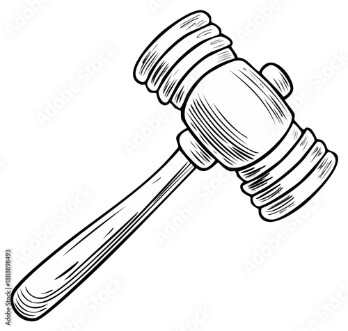 Monochrome Illustration of a Gavel Depicting Law and Order with Wood Grain Detail