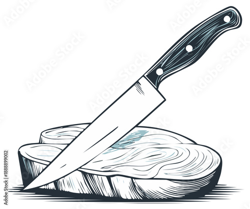 Chef's knife piercing a raw meat steak on a rustic wood chopping block illustration
