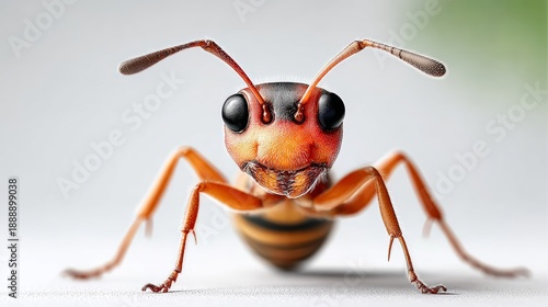 Cartoon ant with human facial expression standing upright on two legs in front of a white background, showcasing vibrant colors and detailed features, ideal for commercial use