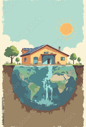 Flat crosssection Earthship sustainable house showing solar panels water recycling Educational style