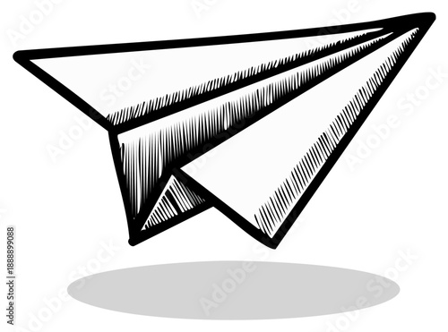 Hand drawn paper airplane in a sketch doodle style. Black and white vector illustration for a travel or business concept.