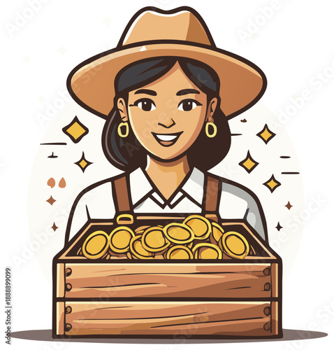 Happy woman character farmer holding a wooden crate overflowing with shiny gold coins