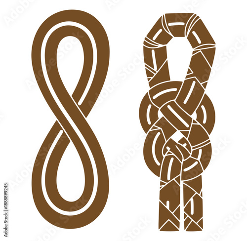 Two brown rope knots and a figure eight loop on white