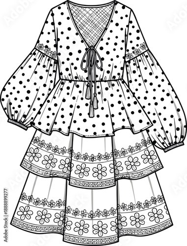 Fashion flat sketch of boho peasant dress with puff sleeves, tiered skirt, and mixed floral polka dot patterns