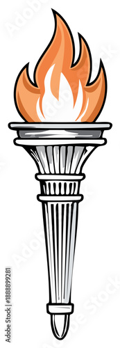Cartoon illustration of a flaming torch. Hand drawn style. Greek column design. Light and flame elements.