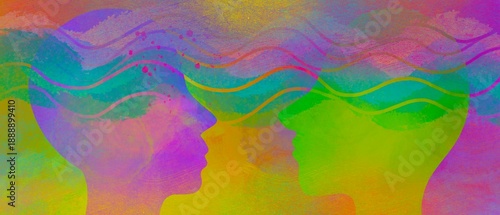 Disegno grafico colorato voce, linguaggio, parlare. Comunicazione. Dialogo tra due persone. Telepatia. Empatia. Amore.