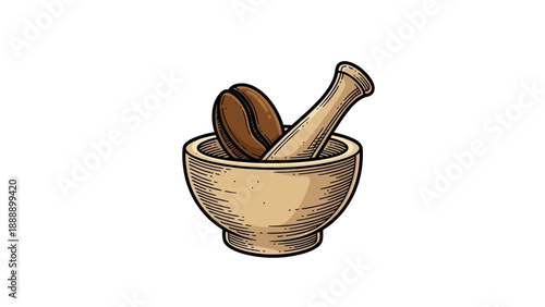 Artistic Hand-Drawn Badge Style Icon of Coffee Bean in Mortar and Pestle. transparent.