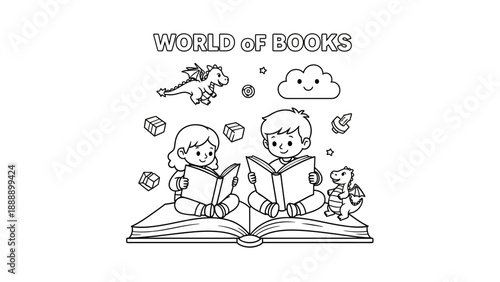 Child Comfortably Reading a Large Open Book, World of Stories Coloring Page. transparent.
