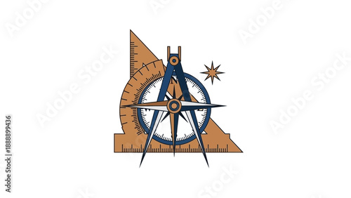 Compass and Protractor Interwoven with Star Symbolizing Exploration Icon. transparent.