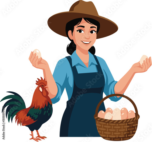 Smiling Female Farmer Holding Fresh Eggs with Rooster and Wicker Basket – Poultry Farming Concept