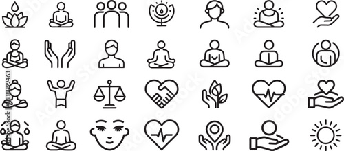 Mental health and wellness line icon set: meditation, mindfulness and balance